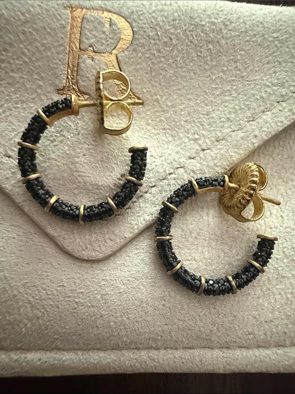 Frieda Rothman 14k/rhodium/black crystal 3/4” hoop earrings
